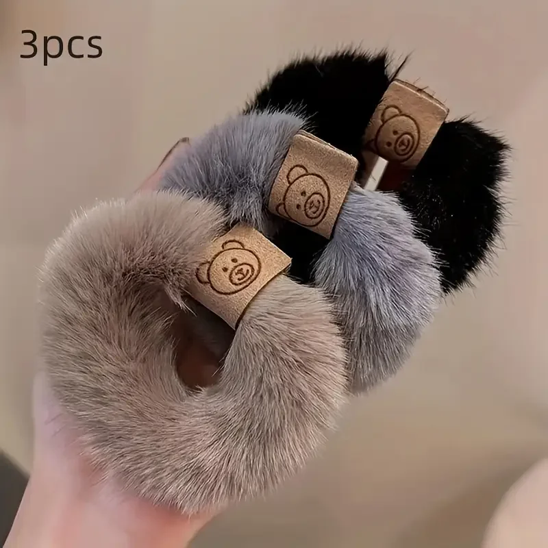 3-teiliges Set aus Plüsch-Haarbändern mit Wintermotiven, bezaubernd | Hochelastisches, niedliches Pferdeschwanz- und Hasen-Haaraccessoire-Set für Mädchen – Detail 3