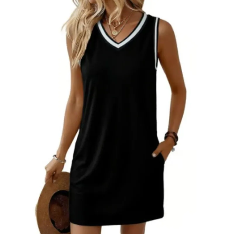 

Women Summer Straight Dress V-neck Sleeveless Casual Loose Solid color A-Line Vest Dress Striped Printed Dress Sundress Vestidos