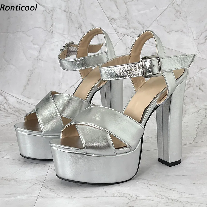 

Ronticool Handmade Women Summer Sandals Chunky Heels Round Toe Fabulous Silver Party Shoes Ladies US Size 5-20
