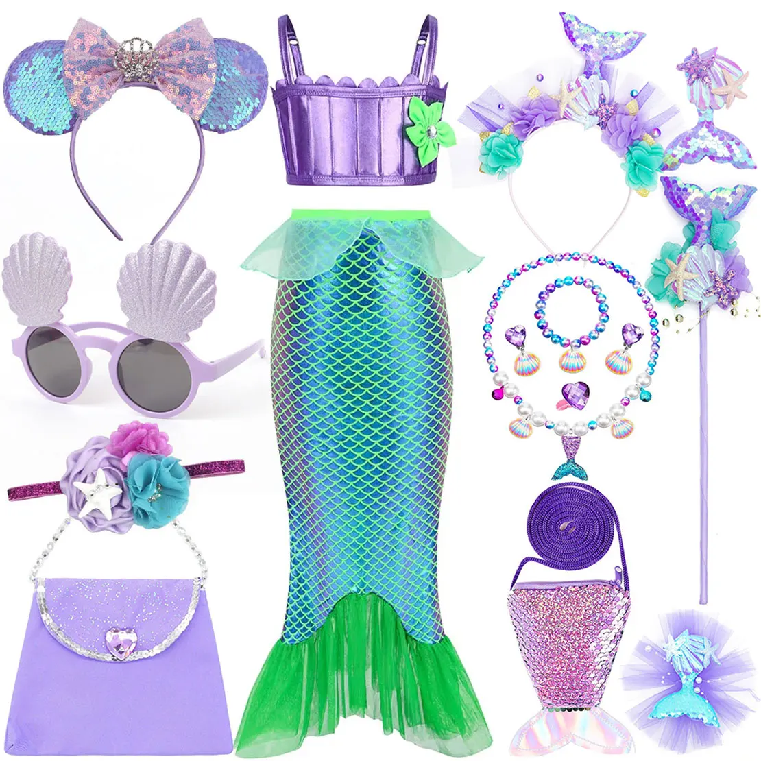 

Green 3 Piece Little Mermaid Print Costume Set Tops Panties and Tail Girls Mermaid Princess Cosplay Dress Up Beach Set