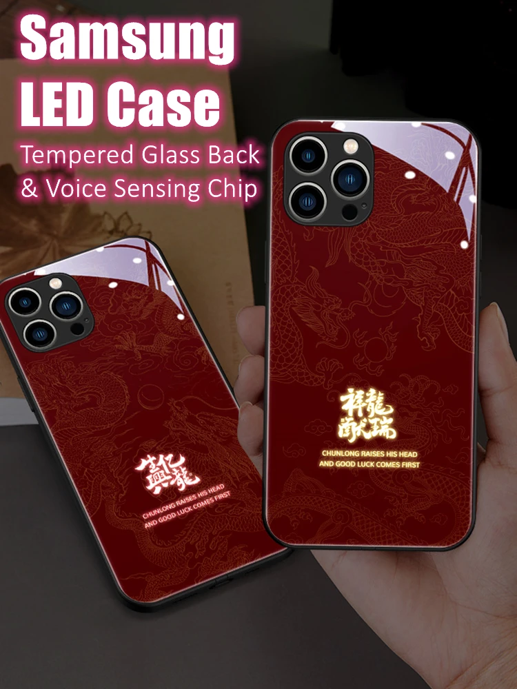 Happy Lunar Dragon New Year LED Light Glowing Luminous Phone Case for Samsung S24 S22 S23 Note 10 20 A14 A54 A73 Plus Ultra