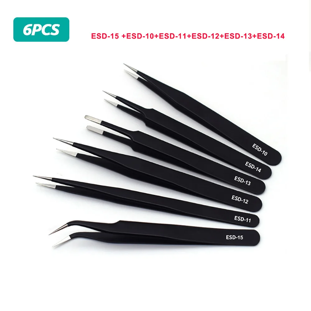ESD Anti-Static Stainless Steel Tweezers Precision Maintenance Industrial Repair Curved Tool Home Working Model Making Hand Tool