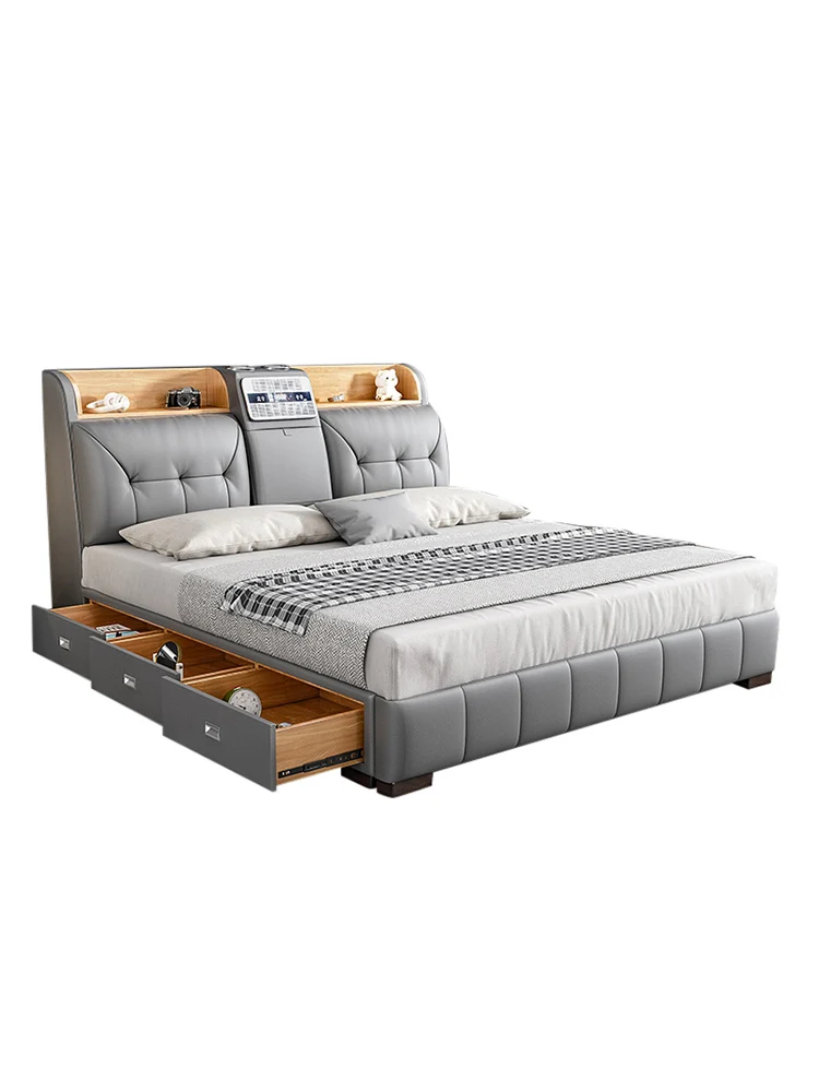 Leather bed is modern, simple, light and luxurious, small and intelligent, high-end double multifunctional storage.