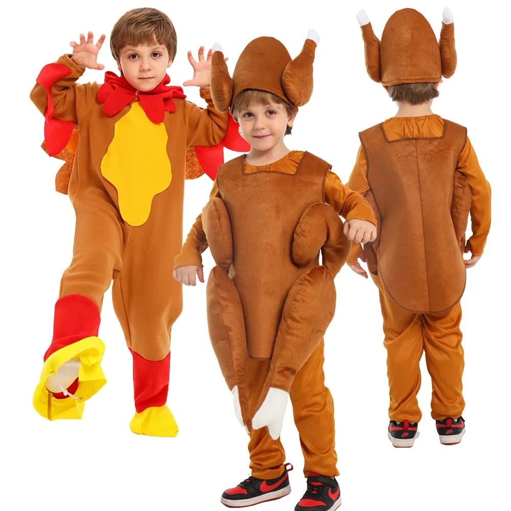 Kids Children Turkey Cosplay Thanksgiving Cartoon Animal Costume Performance Jumpsuit Hat Outfits Halloween Carnival Party Suit