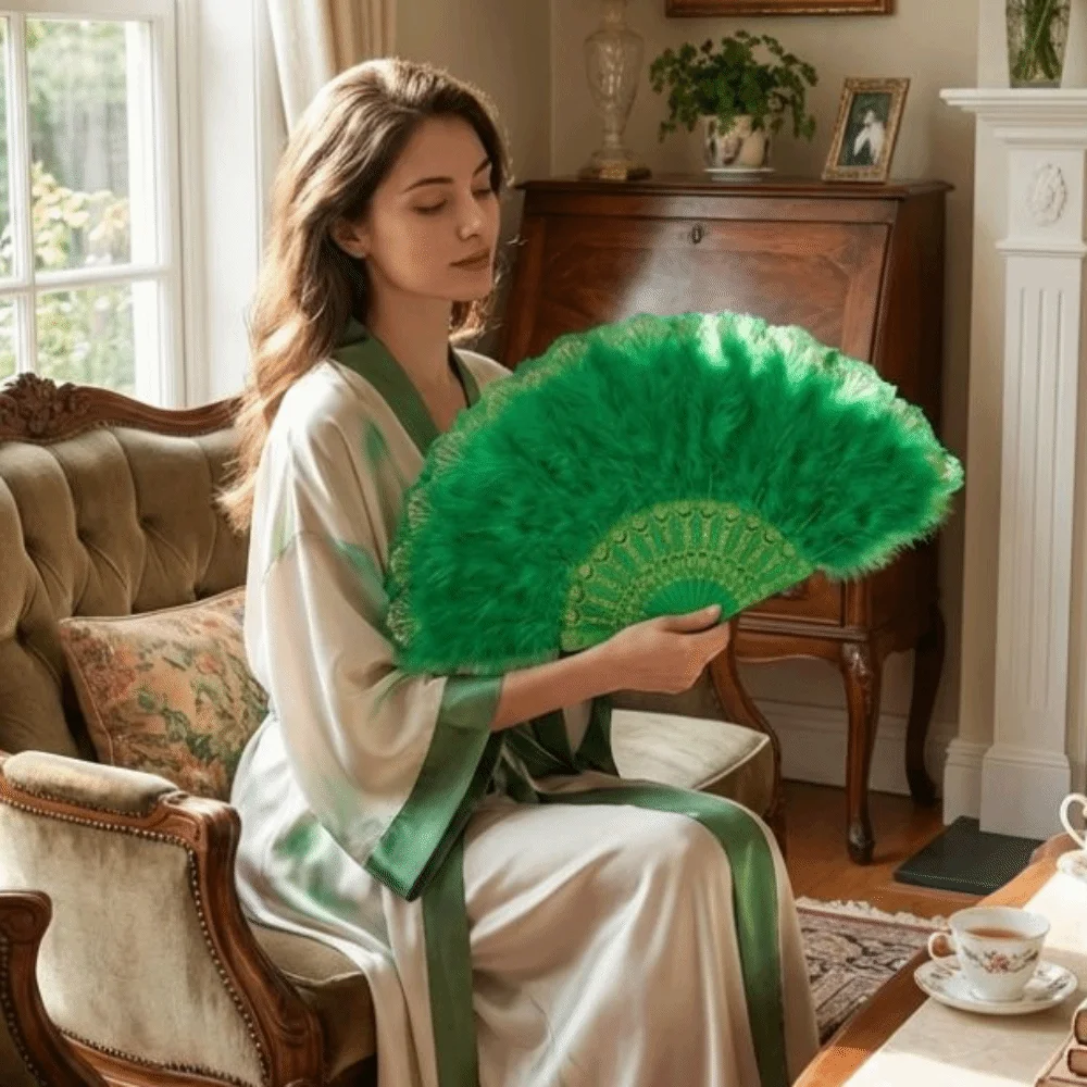 Cosplay Prop Chinese Style Feather Folding Fan Soft Fluffy Plastic Frame Lace Fan Lolita with Tassels Dance Fan Stage Decoration
