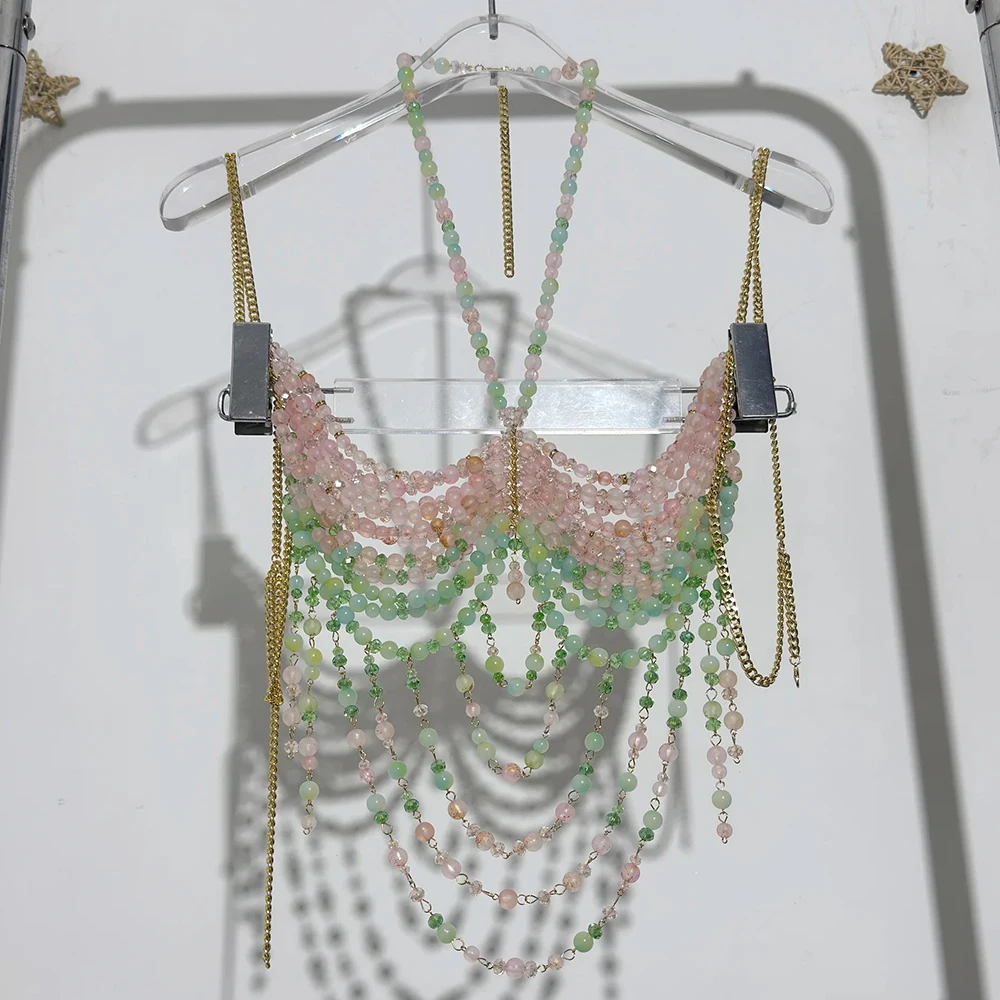 New Women's Sexy Hottie Body Chain Corset Gradient Beaded Jewelry Hot Rave Beach Beaded Neck Outfit Top