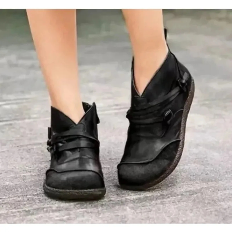 

Women Ankle Boots Spring Autumn Sewing PU Zipper Flat with Modern Boots Street Style Outdoor Women Shoes Wine Red New Style