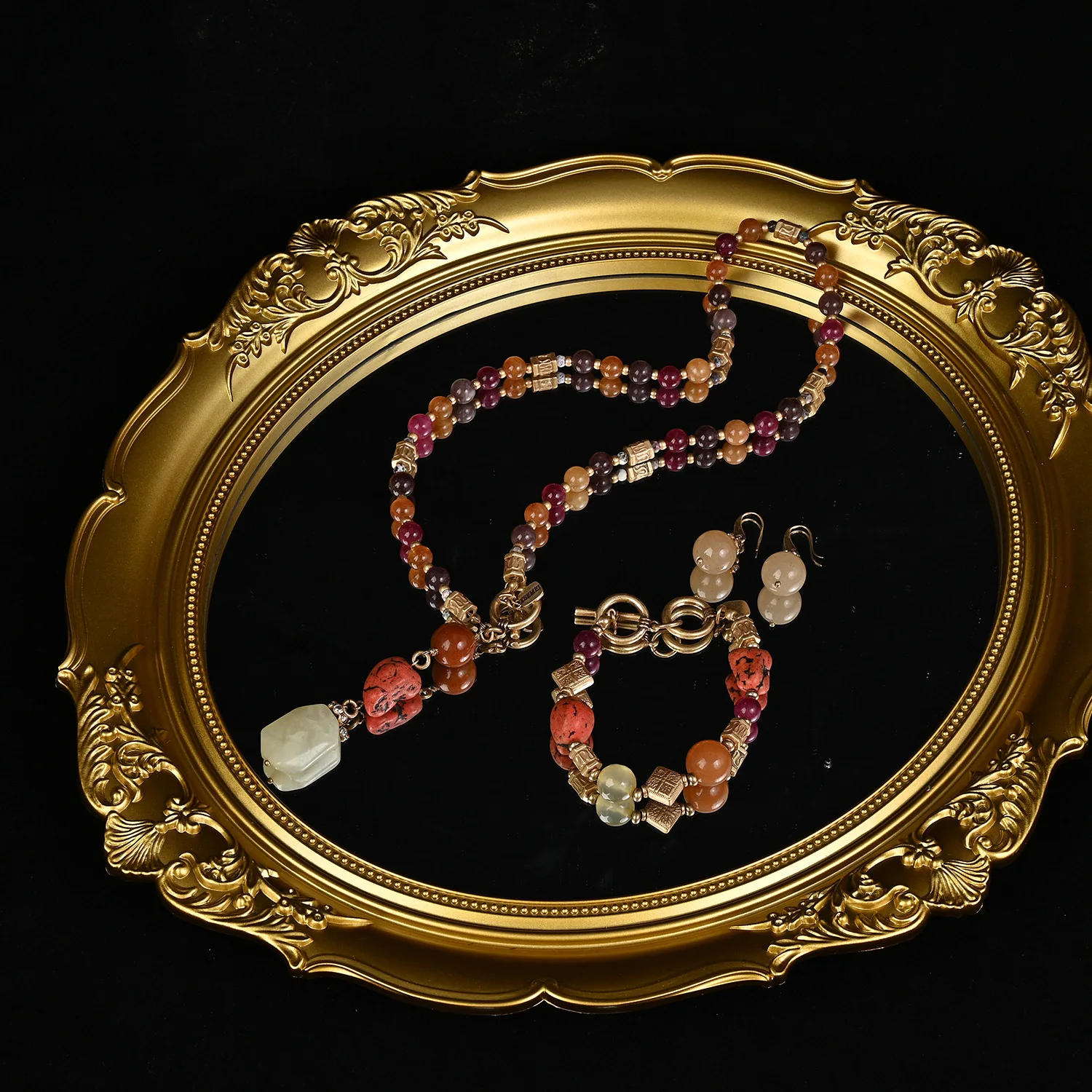 Retro Natural Stone Agate Beads Lemon Jade Pendant Necklace and Bracelet High-end Versatile Y Shape Age-reducing Jewelry Sets