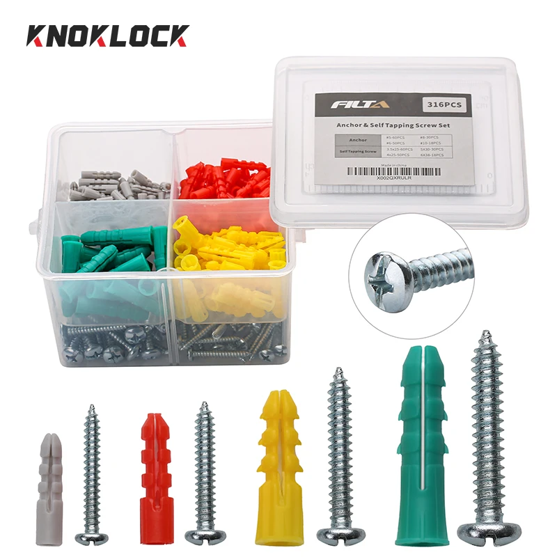 

KNOKLOCK 316PCS Anchor Self Tapping Screw Set Plastic Wall Expansion Drywall Cross Flat Round Head Self Tapping Combination Set