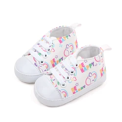 BeQeuewll Baby Boys Girls Crib Shoes Cartoon Print Tie-Up Sneakers Non-Slip Infant First Walkers For 0-18 Months