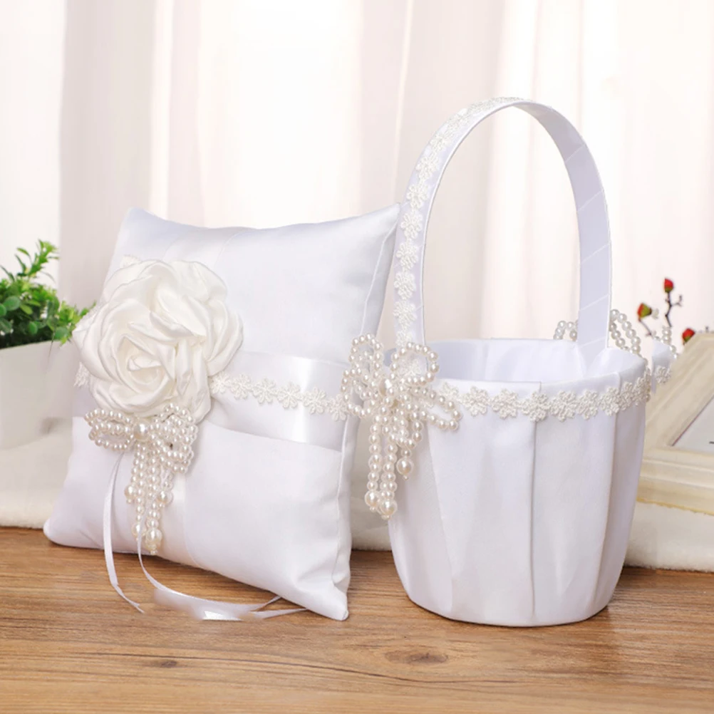 

Ring Bearer Pillow Wedding Supplies Elegant Lace Decor Soft Touch White Pearl Flower Shape Cushion Perfect for Ceremony