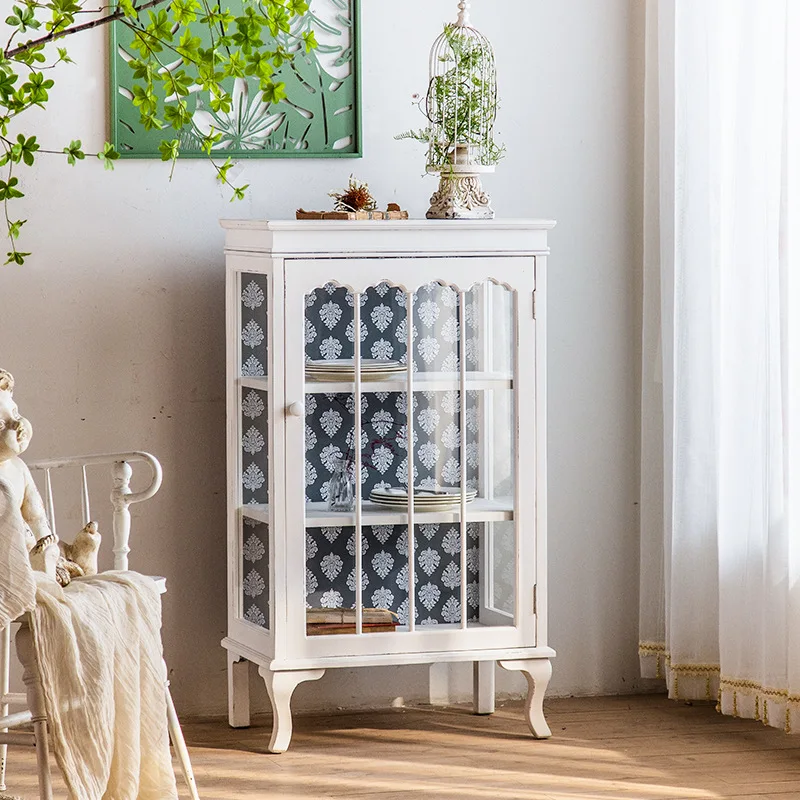 Living room hotel French sideboard solid wood glass porch cupboard model room white decorative storage cabinet