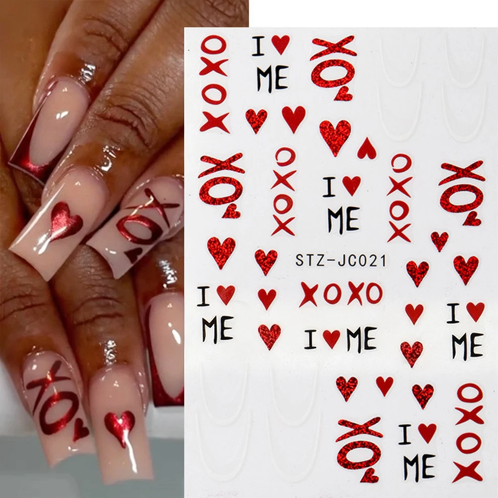 1Pc San Valentino Amore Cuore Adesivo per unghie Rosso Glitter Cuore Parole inglesi Decalcomanie adesive Linea curva francese Cursori per manicure