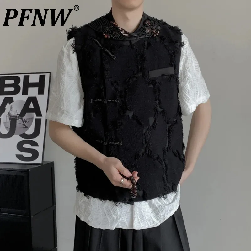 

PFNW Niche Design Men's Tank Tops Round Collar Tassel Knot Button Jacquard Menwear O-neck Sleeveless Male Vest Trendy 12C894