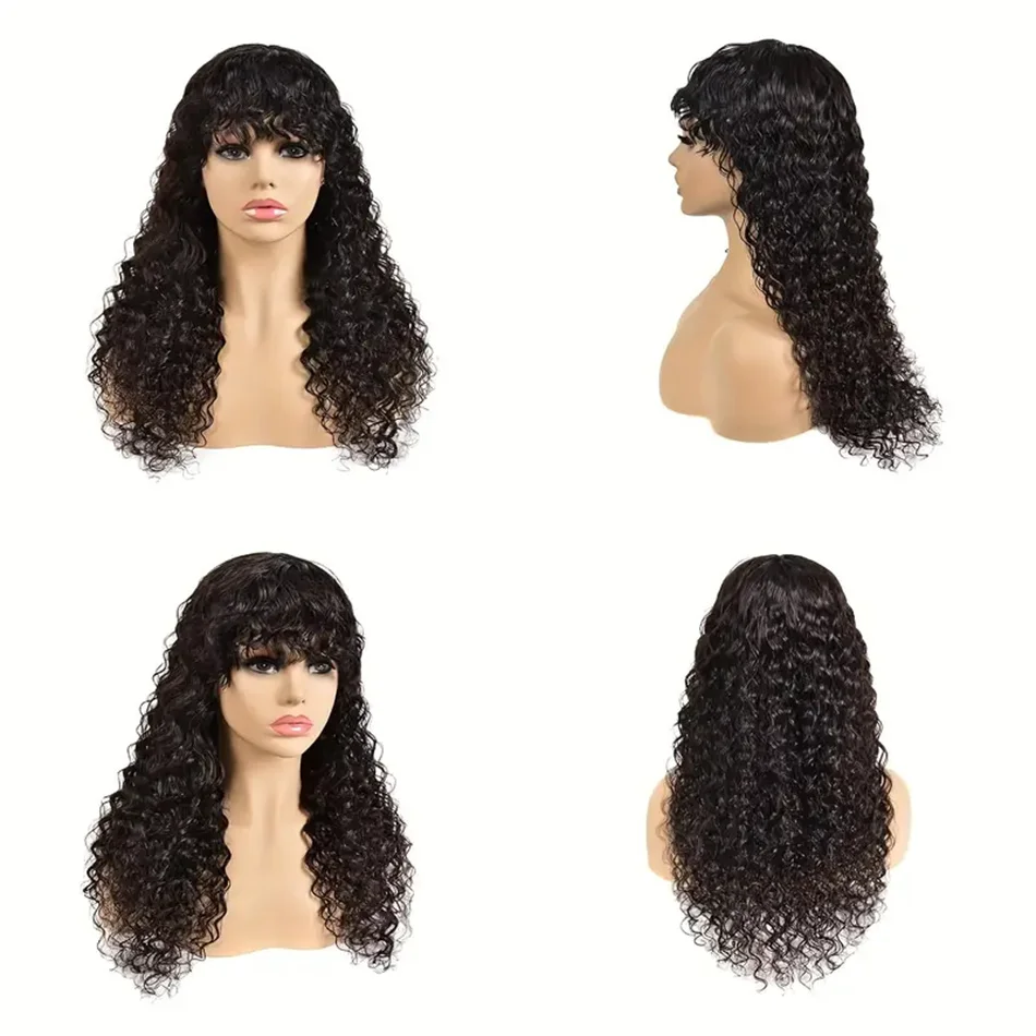 Cheap Deep Curly Brazilian Human Hair Wig with Bangs Machine Made Wigs for Women Human Hair Water Wave Wigs On Sale Promotion