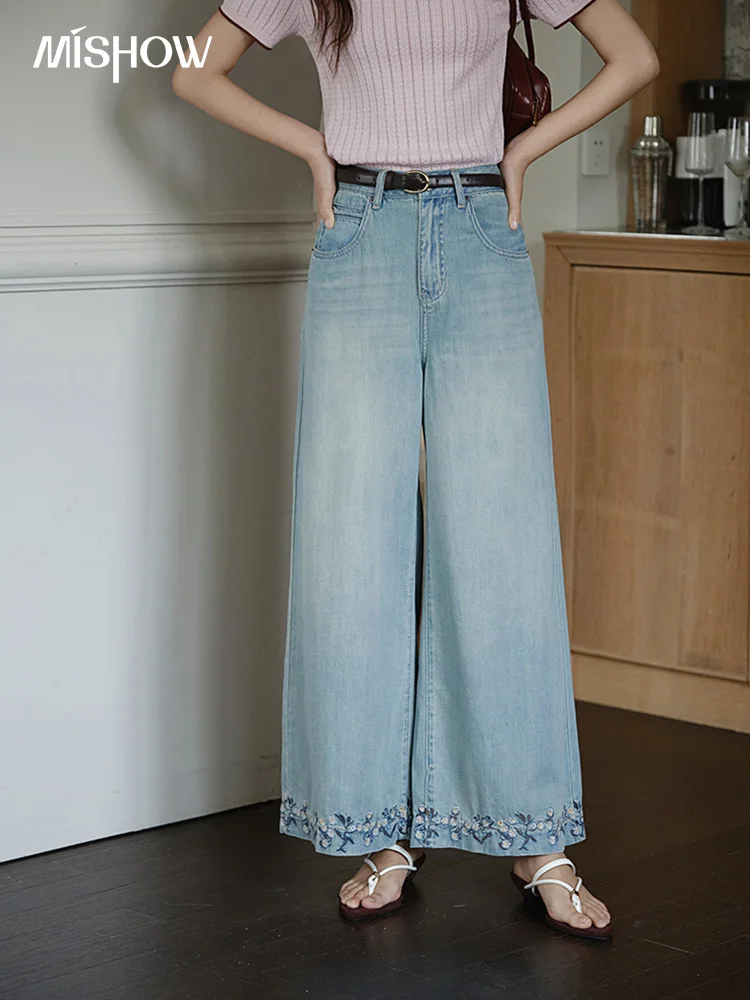 

MISHOW Women Flower Embroidery Wide Leg Pants 2025 Summer Office Lady Fashion High Waist Slim Jeans Female Clothing MXE37K0991