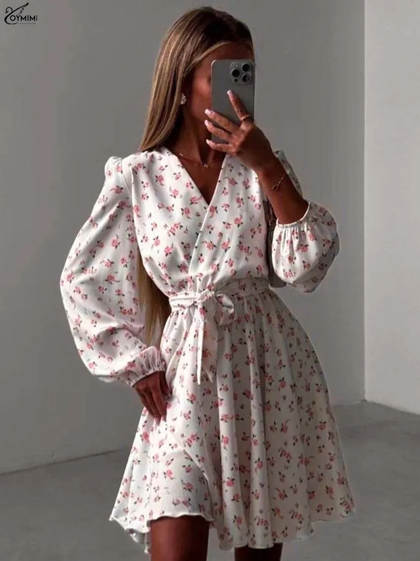 Oymimi แฟชั่นสีขาวพิมพ์ชุดสตรี Elegant V คอยาวแขนยาว LACE-Up ชุดเดรสฤดูใบไม้ร่วงสบายๆมินิชุด streetwear