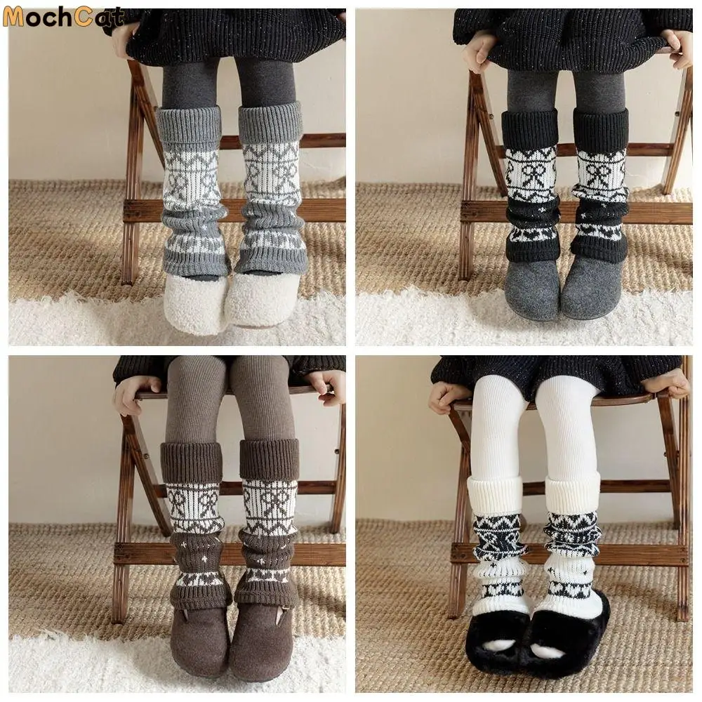 

Cute Harajuku Children's Leg Warmers Japanese Style Sweet Fair Isle Style Knitted Socks Casual Bow Knitted Foot Cover Girls