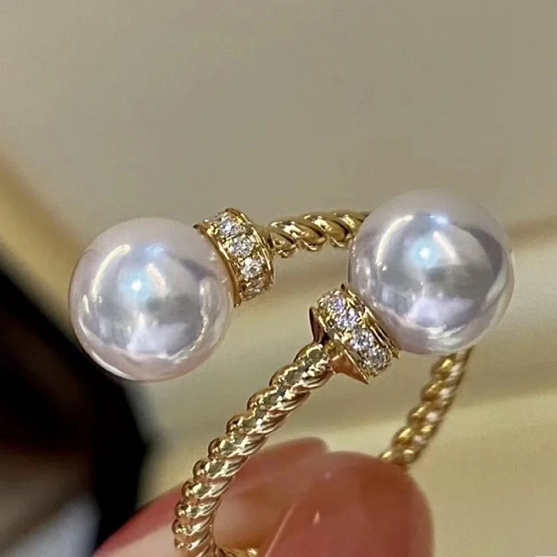 Huitan Temperament Double Imitation Pearl Open Ring Twist Gold Color Band New Fashion Women's Accessories Wedding Jewelry 2023