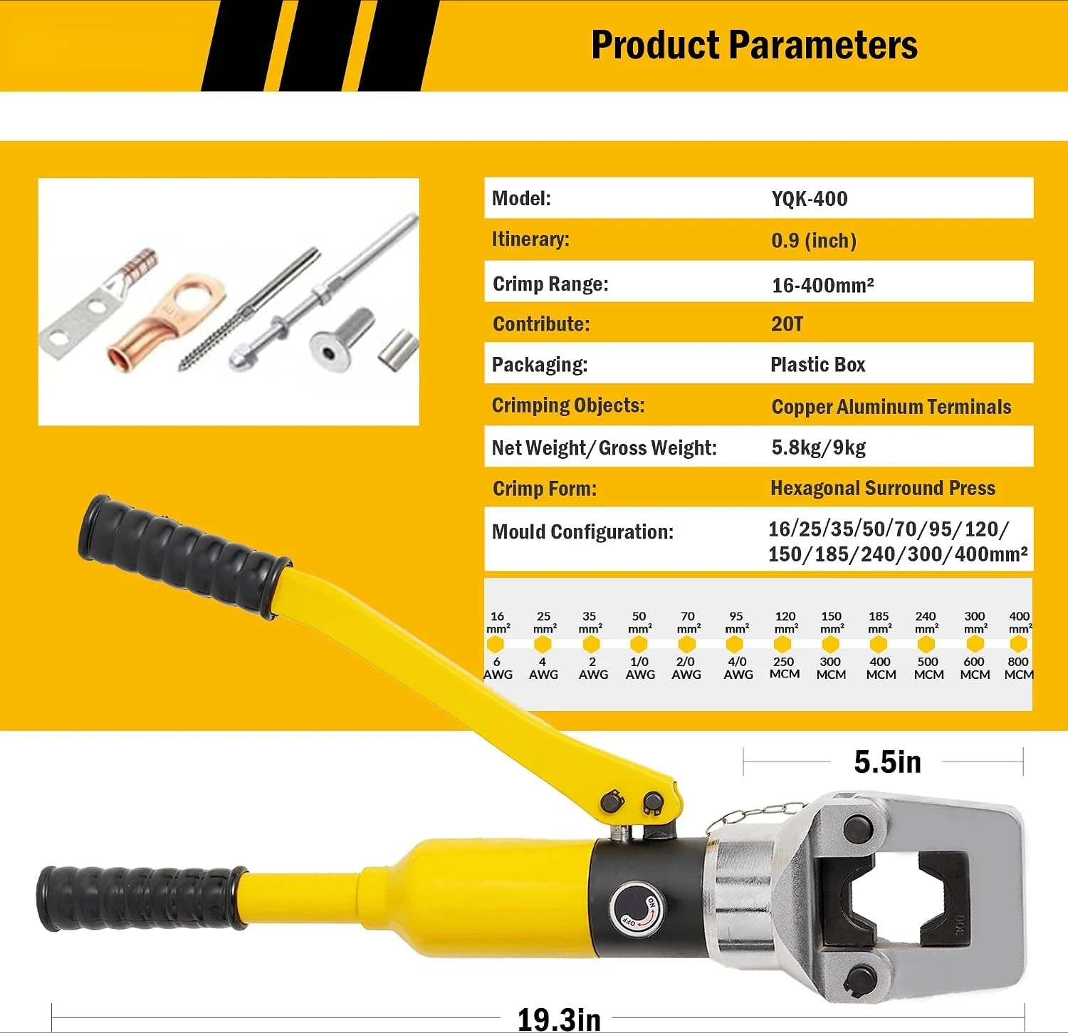 16T Hydraulic Crimping Tool,6 AWG-800 MCM Hydraulic Crimper,12 Dies