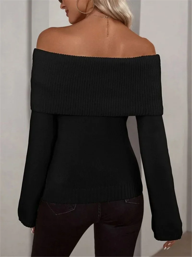 Women Solid Color Sweater Fashion Sexy One-line Collar Off The Shoulder Knitted Jumpers Female Autumn Winter Thickened Warm Tops