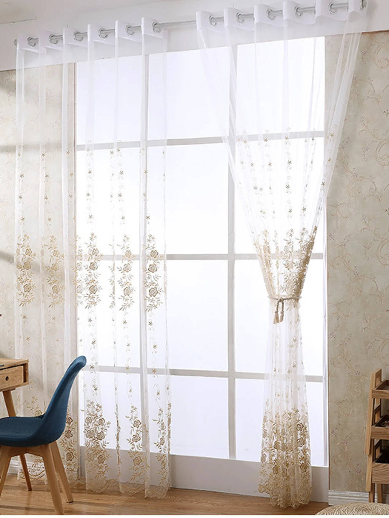 French Light Luxury Style Embroidered Gold Bouquet Embroidered Curtains Living Room Bedroom Balcony Blackout Curtains