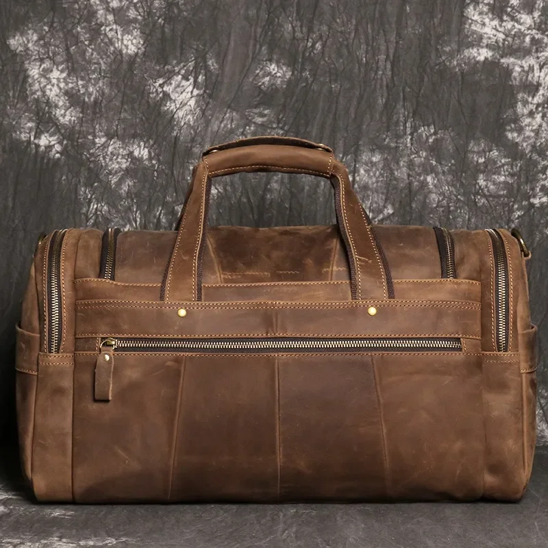 Men\'s Retro Brown Hand Luggage Bag Quality Crazy Horse Leather Large Capacity Travel Bag Business Weekend Shoulder Messenger Bag