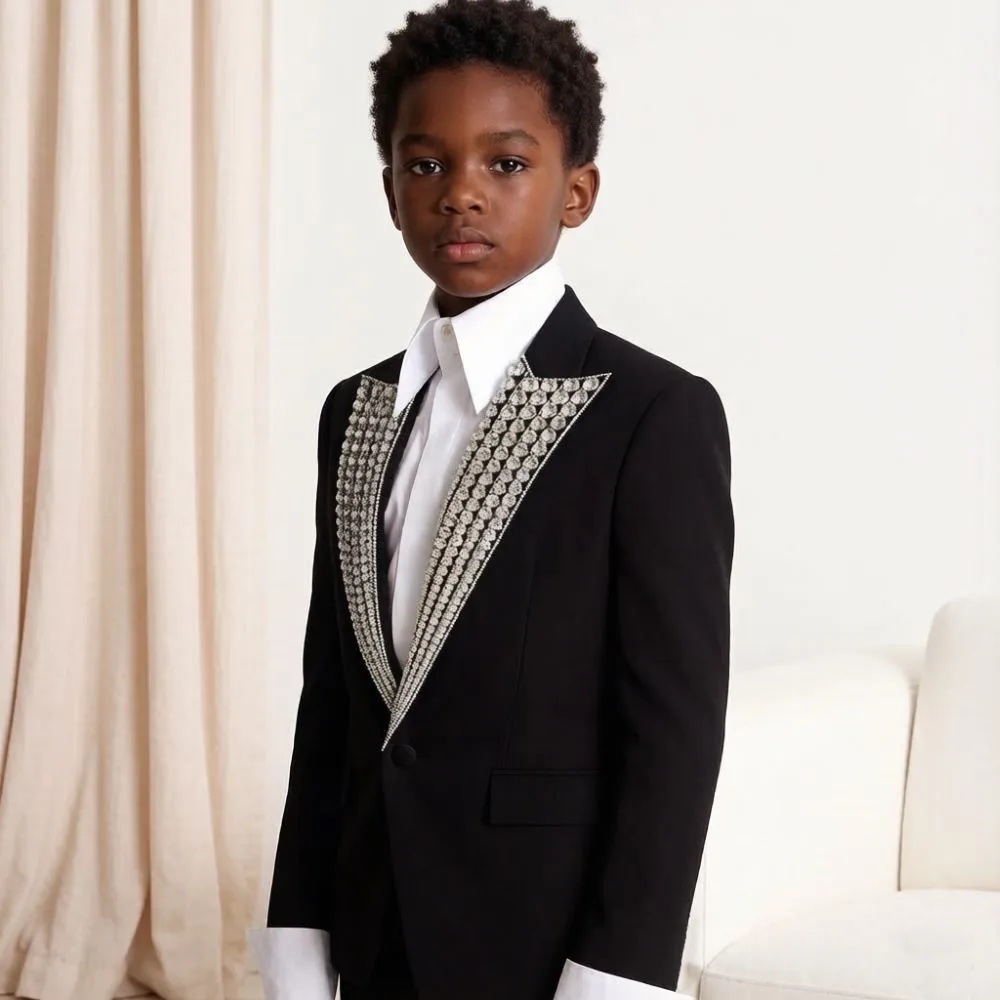 Luxury Boy Suits Slim Fit 2 Pieces Beaded Peak Lapel For Wedding Prom Fashion Week Runway Charity Gala Custom Mix Match