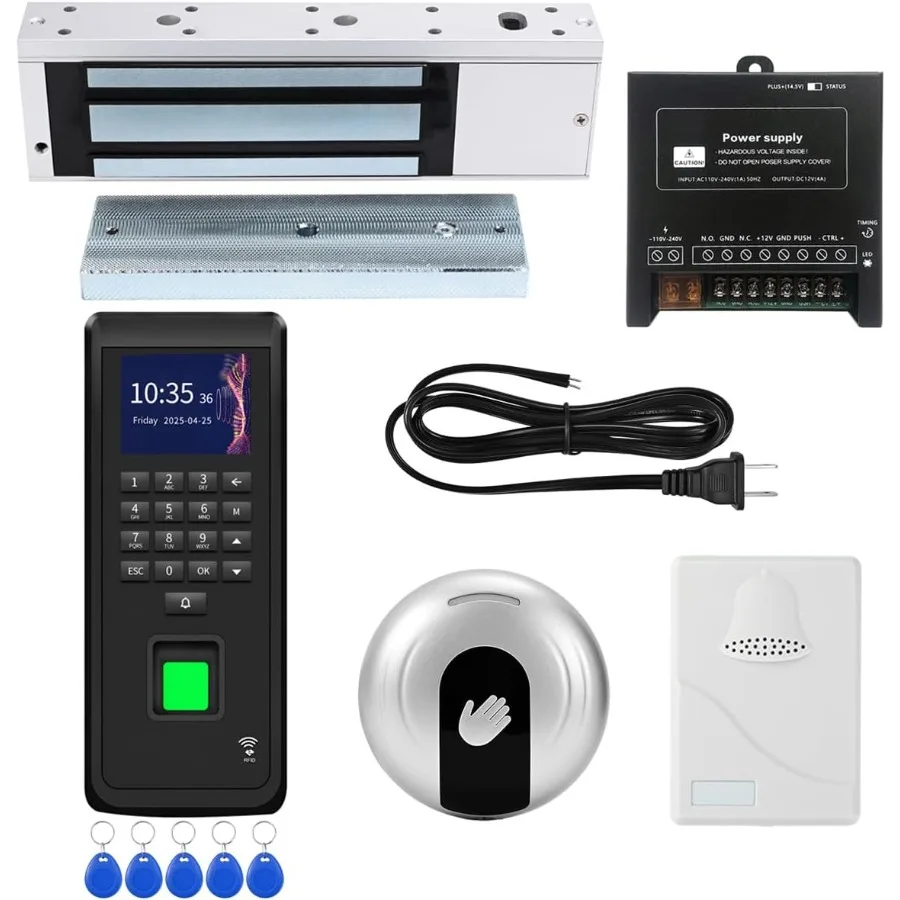 

Biometric Access Control System with Fingerprint Scanner LCD Display Keypad RFID Card Infrared Exit Button 1200lb Magnetic Lock
