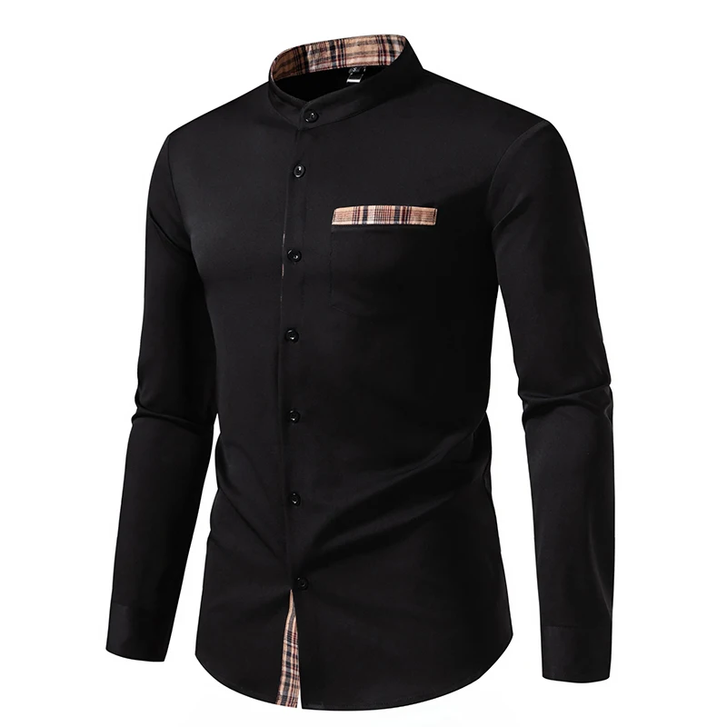 Autumn Fashion Men\'s Stand Collar Shirt American Style Color Block Long Sleeve Shirts Casual Business Office Dress Blouse Party