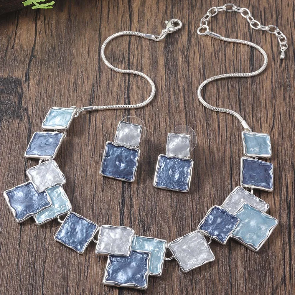 Women's Blue Enamel Geometric Necklace Set, Elegant Gift