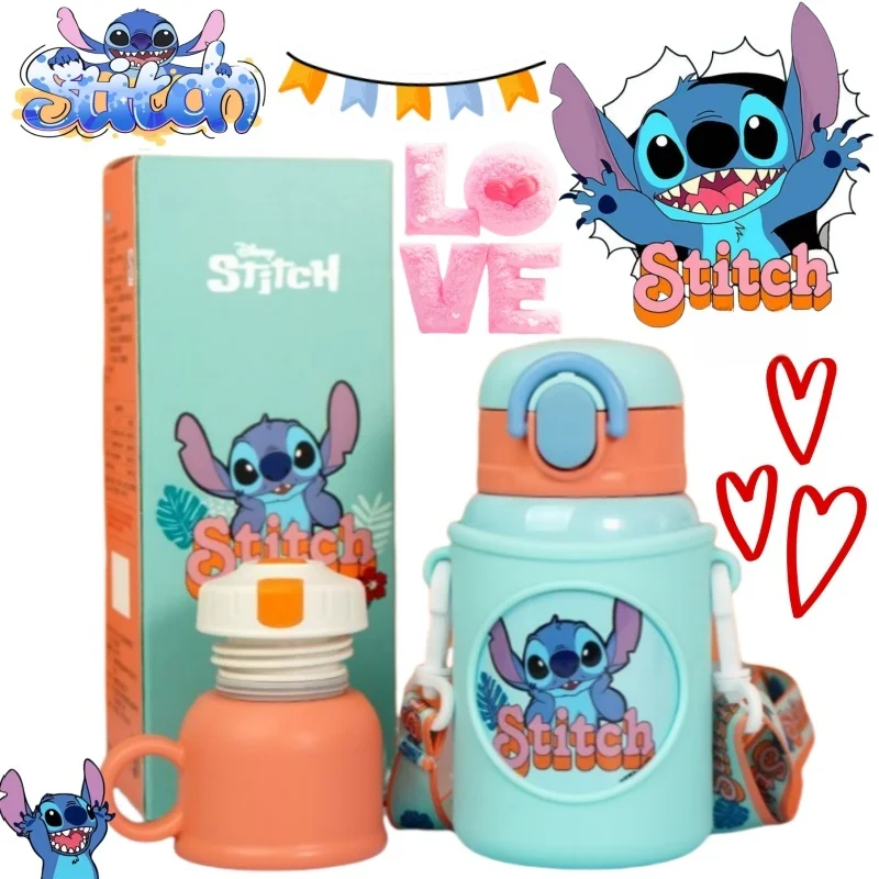Lilo & Stitch Angel Stitch Botella de agua linda de acero inoxidable con dibujos animados para niños y niñas con correa de transporte y termo de doble tapa