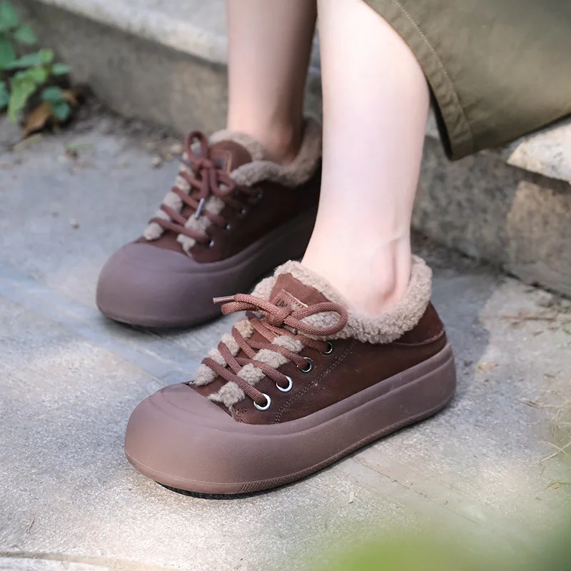 

Women Leather Flats Winter Plush Insole Shoes Warm Handmade Genuine Leather Women Flats Lace Up Soft Retro Shoes Sale 2023
