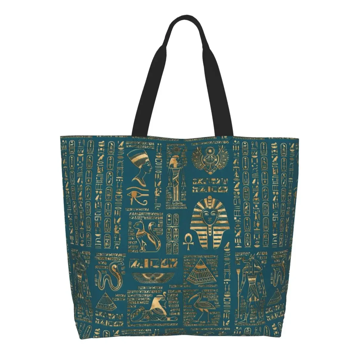 

Egyptian Hieroglyphs And Deities Groceries Tote Funny Ancient Egypt Pharaoh Canvas Shoulder Shopper Bag Large Capacity Handbag