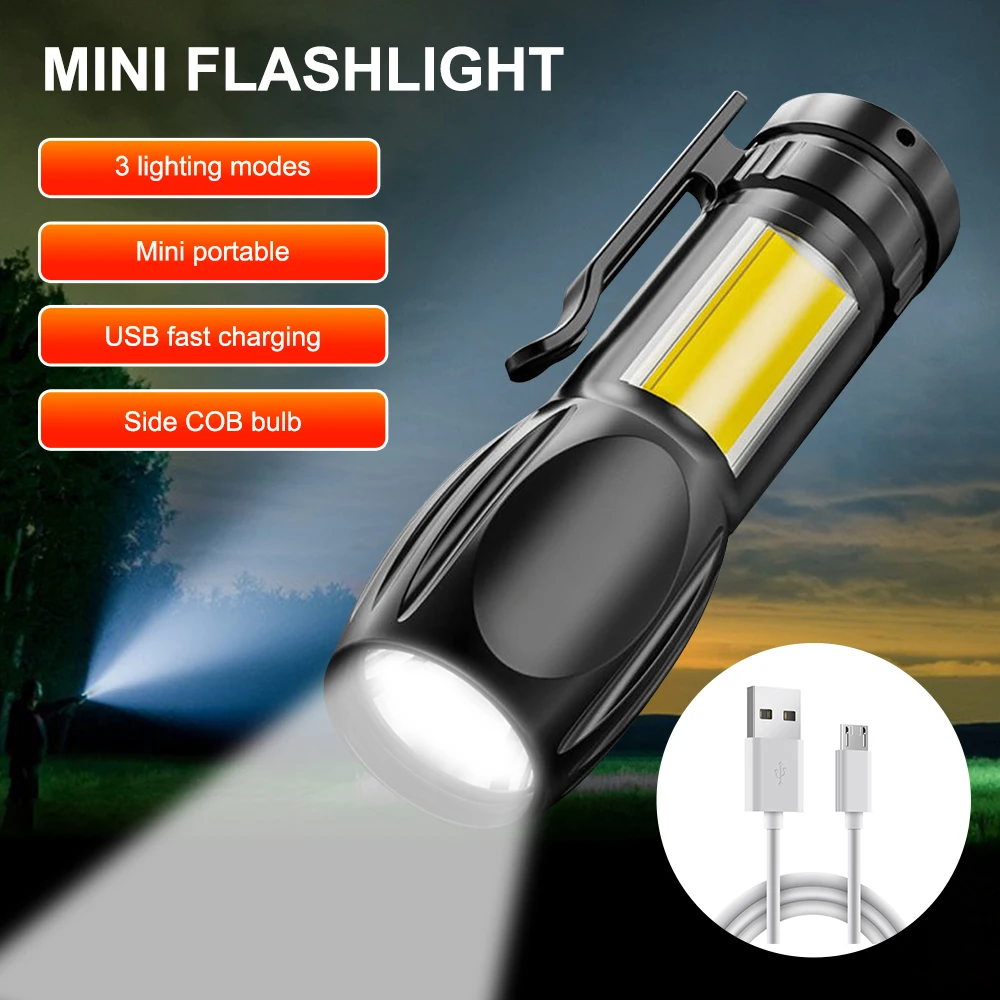 USB Portable LED Rechargeable Flashlight 3 Lighting Modes Long Range Camping Light Mini Torch Waterproof Built In Battery