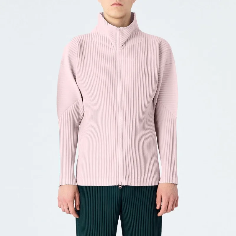 

Miyake Pleated Men's Casual Long Sleeve Jacket Standing Collar Zipper Simple Fashion Commuter Office Wrinkle-Free Fold Clothes