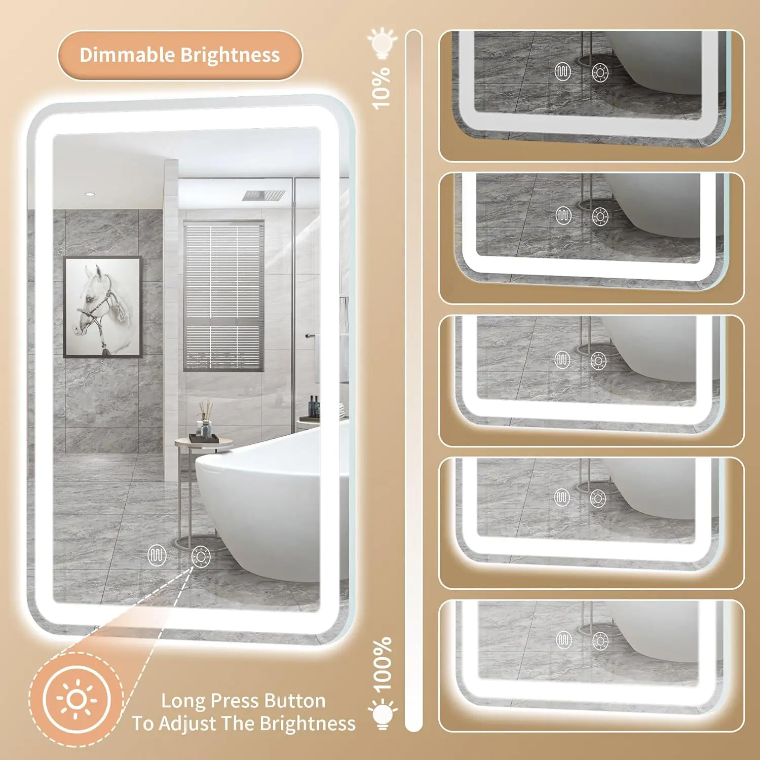 20X28Inch Led Bathroom Mirror Rounded Corner Rectangle Frameless, 3 Colors Lighted & Stepless Dimmable