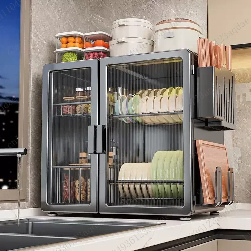 Kitchen Storage Cabinet Cupboard Drain Shelf Household Countertop Multifunctional Tableware Plate Box Dish Storage
