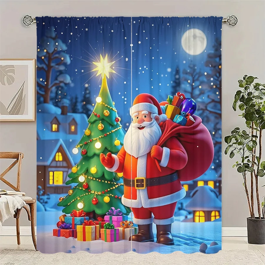 2PCS- Christmas Santa Claus Christmas tree pattern printed curtains, Christmas decorations, home decorations, room decorations