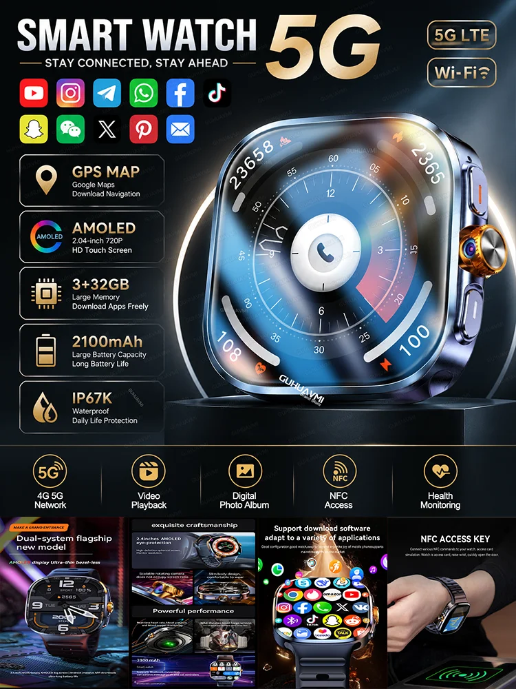 2026 Neue WiFi 4G 5G Anruf-Smartwatch für Herren, Modisch mit 3+32GB Speicher, Social-Apps, Google Maps, NFC, AMOLED HD-Videoplayer, Smartwatch für Damen