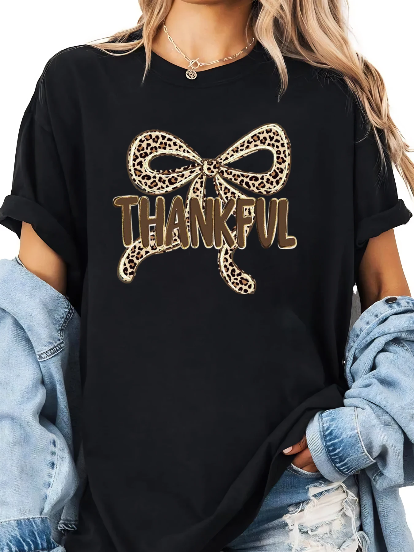 ليوبارد القوس شكرا طباعة الشكر تي شيرت المرأة عارضة ارتداء الأسود زائد الحجم #1