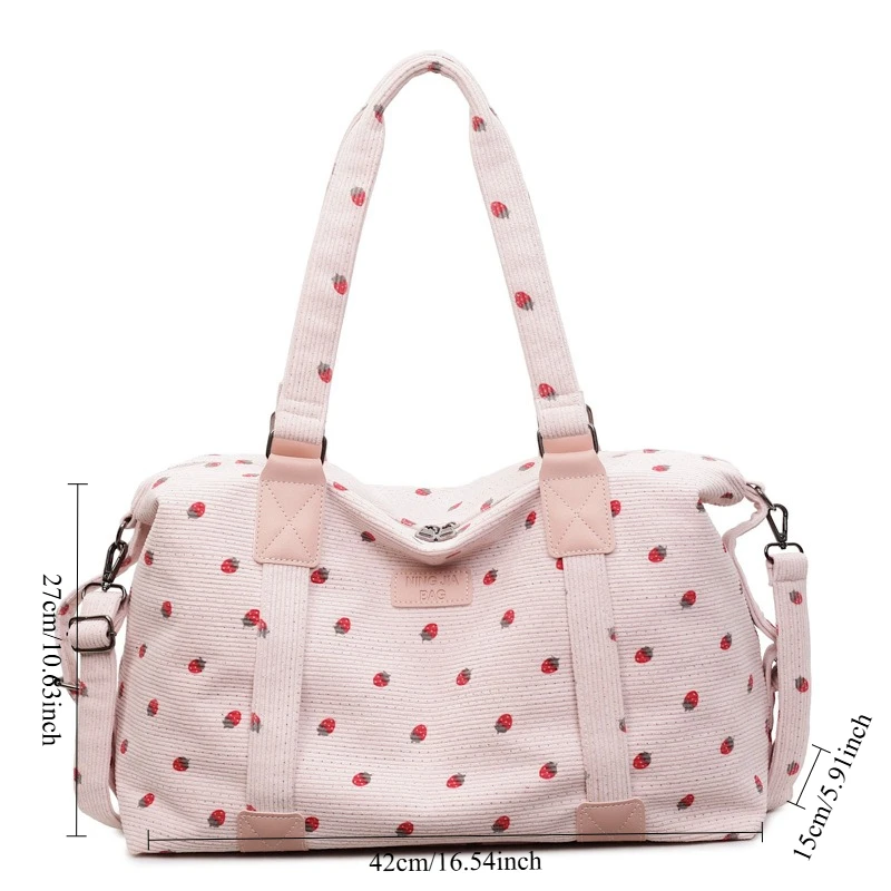 Corduroy Travel Tote Bag Large Capacity Strawberry Travel Handbag with Shoe Compartment Sports Fitness Bag for Women Droshipping view 4