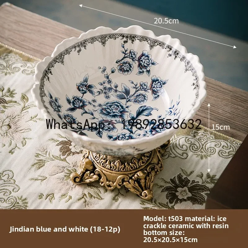 FZ  French European Retro Ceramic Fruit Plate Villa Living Room Household High Foot Bowl European Style