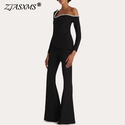 Sexy Sequins Asymmetrical Party Jumpsuit Women Spring Elegant High Waist Straight Romper Fall Long Sleeve Flare Pants Playsuit