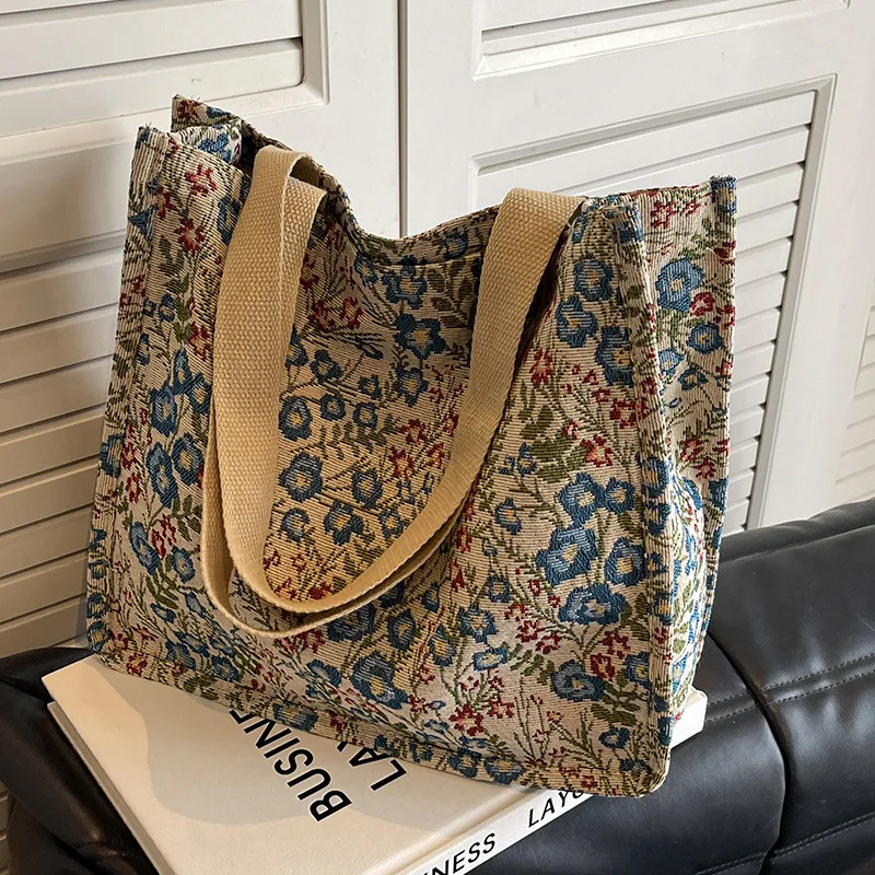 Ladies Shopping Bag Flower Pattern Flax Tote Bag Larger Capacity Outdoor Handbag Casual Lunch Bag Mummy Bag