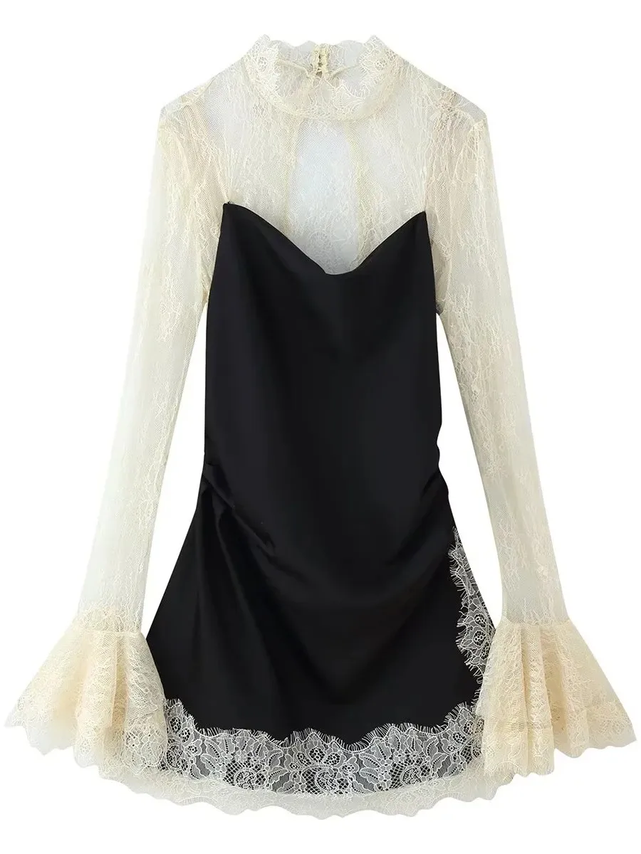 TWOTWINSTYLE Hit Color Embroidery Vest Dresses for Women Stand Collar Flare Sleeves High Waist Patchwork Sheer Lace Dress Female