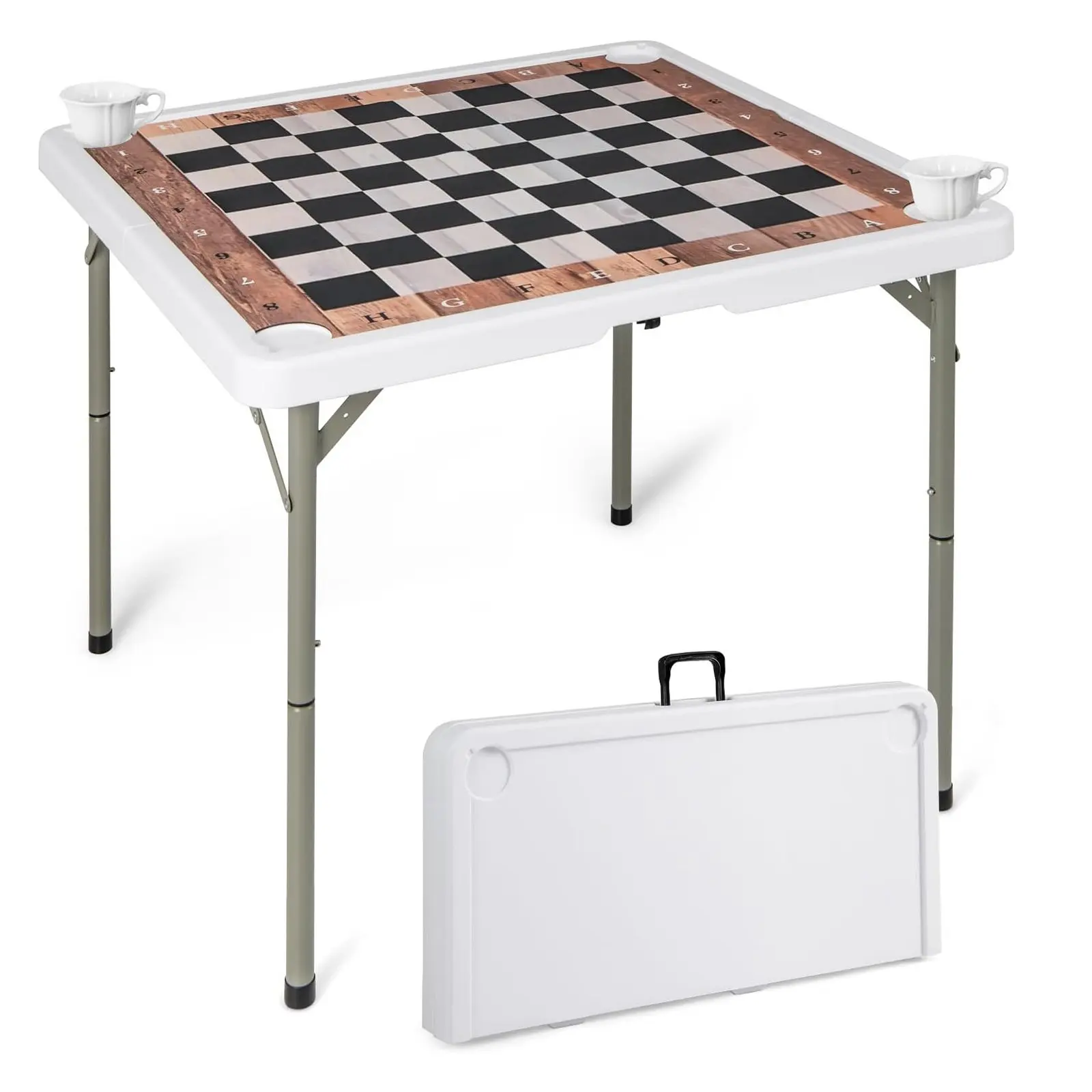 Klappbarer Schachtisch, 90 x 90 cm, Schachspiel mit abnehmbarer Tischmatte und 4 Getränkehaltern, mit Tragegriff, für Kinder und Erwachsene, Partyreisen