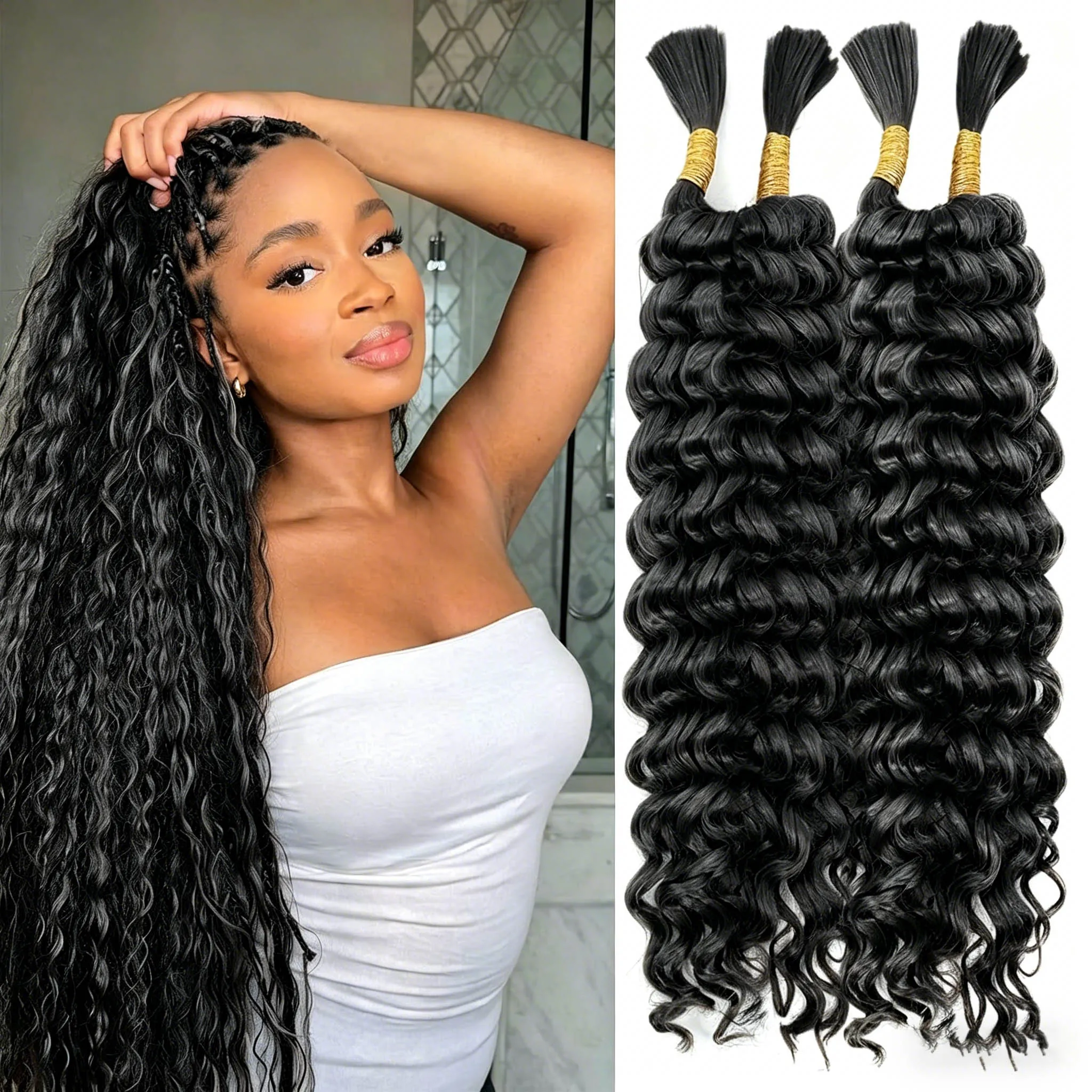 

Human Braiding Hair Deep Wave Bulk Human Hair Boho Hair for Braiding Curly Wave for Boho Braids Extensions No Weft Curly Bundles