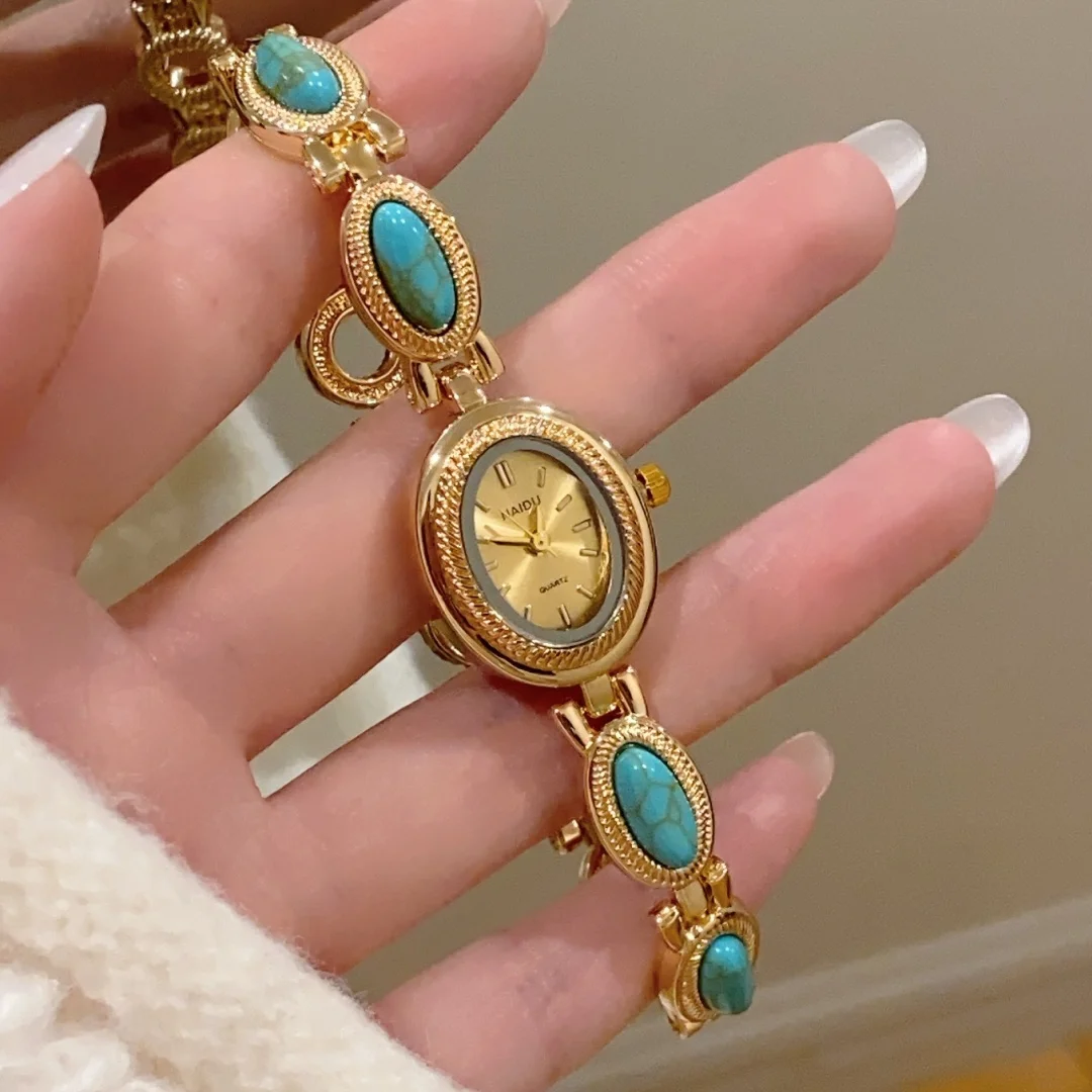 الراقية السيدات ووتش ضوء الفاخرة النمط الوطني البيضاوي حجر سوار ساعة اليد للنساء ساعات كوارتز الذهب relogio feminino