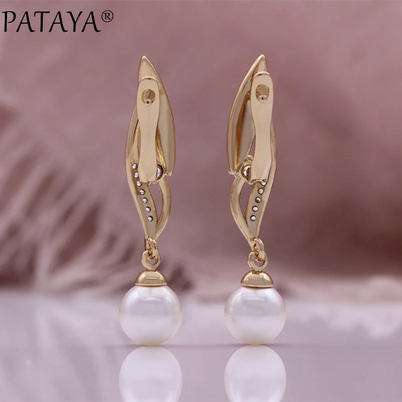 PATAYA Hot Fashion Flower Pearl Drop Earrings for Women 585 Rose Gold Color Mix Boho Ethnic Wedding Jewelry Gift